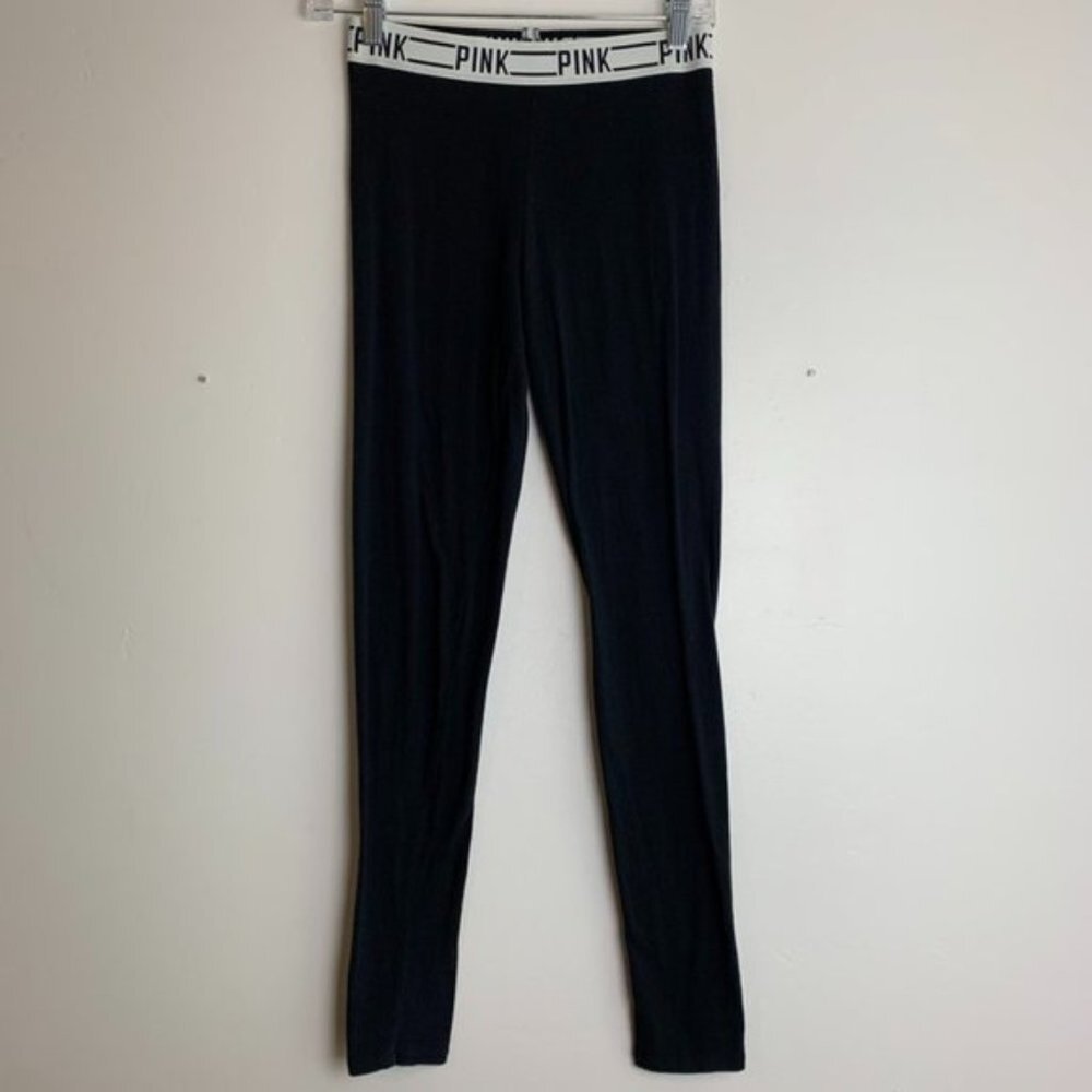 Victoria's Secret Pink Black Cotton Leggings With Logo Waistband